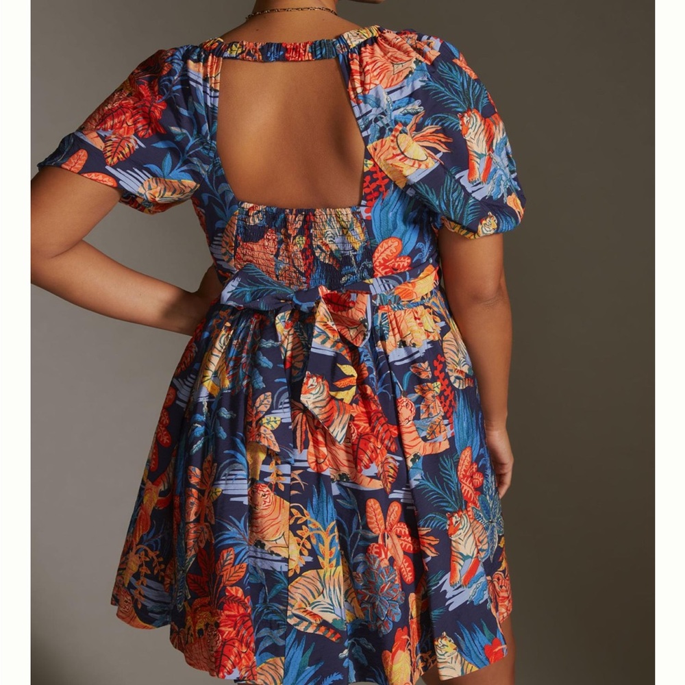 Anthropologie 2X Tiger Print Sweetheart Puff Sleeve Mini Dress EUC - Picture 8 of 9